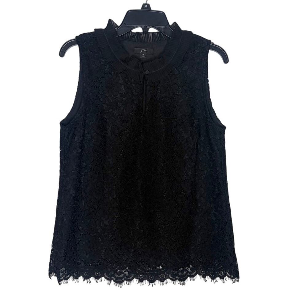 J.Crew Lace Ruffle-neck Sleeveless Top Women's Sz M Black Romantic Feminine Chic